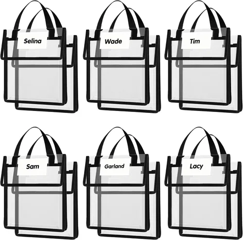 Teling Paquete de 6 bolsas transparentes de 10 x 12 pulgadas con asas y etiquetas de nombre, bolsas reutilizables resistentes para libros de