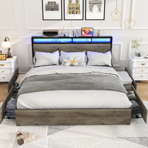 Miniatura 16 de Kiivakii Base de cama Queen con cabecero, base de cama de plataforma LED con 4 cajones de almacenamiento, estación de carga integrada, sin ruido
