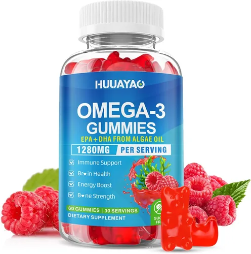 Gomitas veganas Omega-3 de 1280 mg, alternativa de aceite de pescado Omega 3 para adultos con EPA 400 mg y DHA 600 mg y vitamina A, C, E apoya la