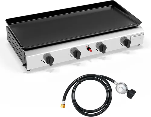 Bonnlo Plancha de Propano Portátil de 4 Quemadores, 40,000 BTU Plancha de Gas con Bandeja Esmaltada, Plancha de Gas de Superficie Plana Rodante con