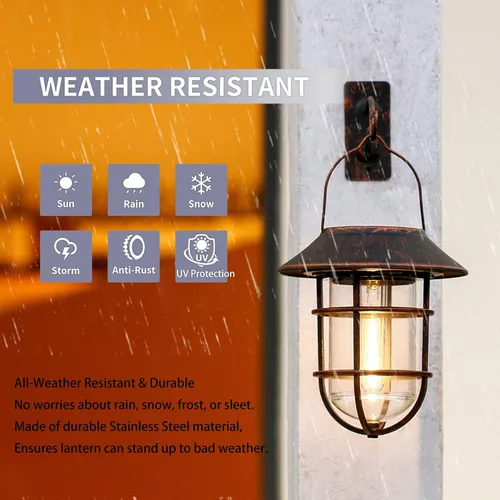 Miniatura 5 de Farol solar colgante para exteriores, luces solares impermeables de metal para exteriores con vidrio transparente, linterna de pared de aluminio