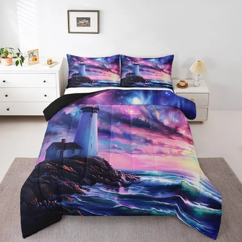 Miniatura 26 de Castle Fairy Juego de edredón de verano para niños, tamaño individual, diseño náutico reversible con diseño náutico de estrellas de mar, barco y Azul