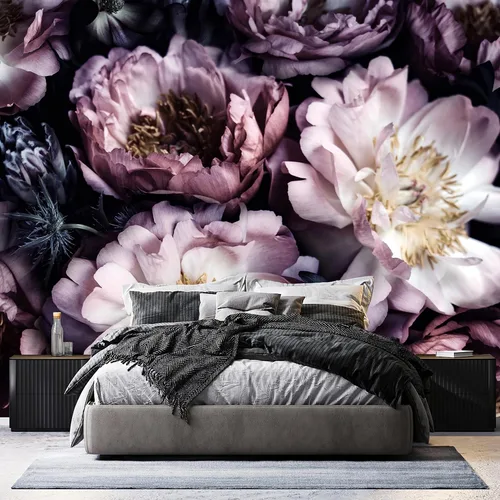 Papel tapiz floral de paeonia morada, fondo negro, mural de pared para dormitorio, sala de estar, habitación de niña y mujer (no se pega ni se pega)