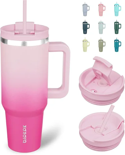 Miniatura 18 de BJPKPK - Vasos con aislamiento térmico, con asa y pajilla, vasos térmicos de acero inoxidable de 40 onzas con tapa, color rosado claro Rosa claro