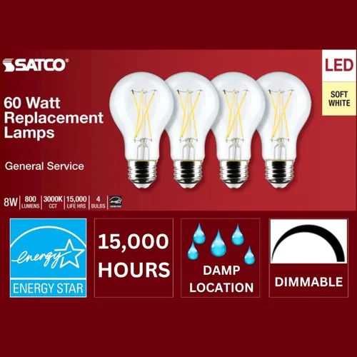 Miniatura 7 de Satco S12463 - Bombillas LED de 8 W, 120 V, 3000 K, color blanco suave, 800 lúmenes, regulables, 2 paquetes de 4 (8 bombillas en total)