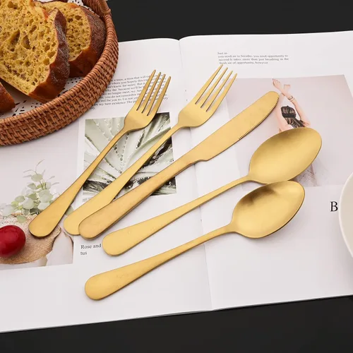 Miniatura 2 de JASHII Juego de cubiertos de 20 piezas con acabado satinado, servicio para 4, juego de cubiertos de titanio, juego de utensilios de oro mate