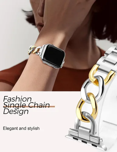 Miniatura 3 de JR.DM Correas de reloj de oro plateado para mujer, compatibles con Apple Watch de 1.496 in 1.575 in 1.614 in 1.654 in (S10/11), pulsera de metal