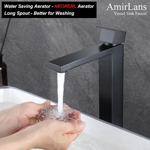 Miniatura 4 de Grifo de Fregadero de Recipiente Negro Mate, Grifo de Baño Alto de Un Solo Agujero para Fregadero de Recipiente, Grifo de Acero Inoxidable Negro