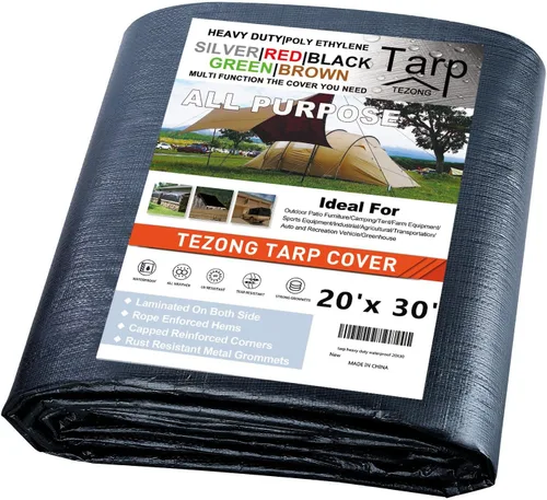 Miniatura 75 de Lonas resistentes impermeables de 4 x 5 pies, paquete de 2 lonas TEZONG negras de 0.472 in. de lona de plástico para exteriores para lluvia