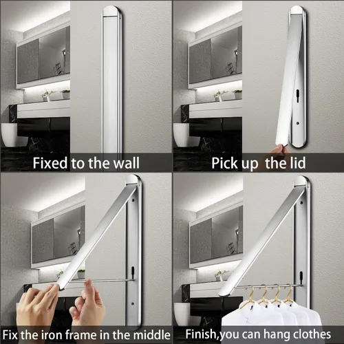 Miniatura 4 de Tendedero de ropa para lavanderías pequeñas, tendedero plegable para interiores, para colgar en la pared, plegable, (aluminio, plateado)