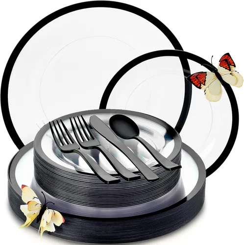 By Madee HEAVYweight - Juego de 150 platos y utensilios de plástico transparente y negro, juegos de vajilla de plástico elegante con regalo de claro