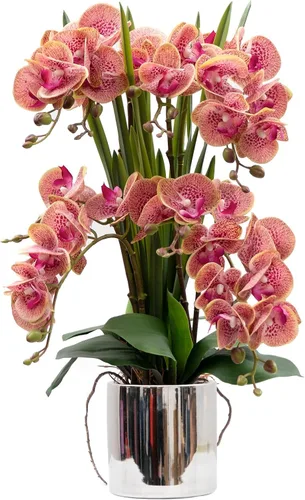 Miniatura 28 de CXGS Planta de orquídeas artificiales de tacto real, orquídeas falsas en jarrón de cerámica, naranja, 19.7 pulgadas, arreglo floral falso