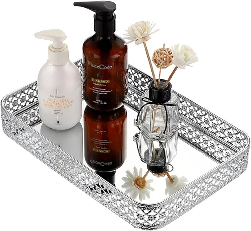 Miniatura 13 de ELLDOO Bandeja Dorada para Perfumes y Maquillaje - Almacenamiento de Joyas con Tallado Hueco, Organizador de Baratijas de Cristal y Metal para Dorado