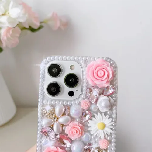 Miniatura 6 de para iPhone Xs/X Funda Bling, Funda de Lujo con Flores de Rincón de Cristal con Purpurina de Diamante y Perla para Mujeres, Niñas y Niños con Cordón