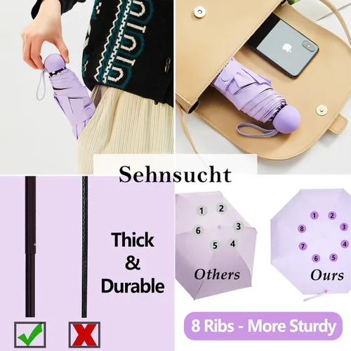 Miniatura 6 de Sehnschut - Sombrilla portátil de viaje con 8 costillas pequeña plegable plegable para sol y lluvia para mujer protección UV