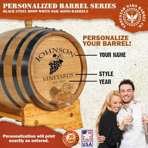 Miniatura 3 de Dispensador personalizado de barril de vino de roble de 5 litros (1 galón) con soporte de madera, bung y espiga, mini barriles de envejecimiento