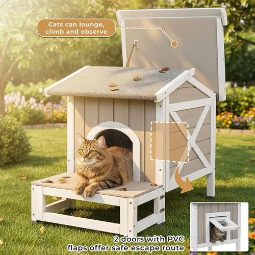 Miniatura 6 de Casa aislada para gatos al aire libre para invierno, refugio de madera resistente a la intemperie para gatos al aire libre y salvajes con puerta