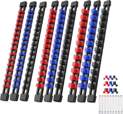 Reniteco Bandeja organizadora de llaves de vaso – 9 piezas de soporte de enchufe de ABS resistente con 129 clips para garaje y taller (1/4 pulgadas,