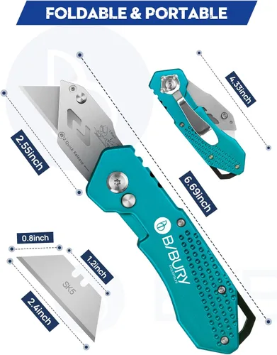 Miniatura 7 de BIBURY Cuchillo utilitario, cortador de caja plegable resistente, cuchillo cortador de alfombra de bolsillo con 10 cuchillas adicionales de acero