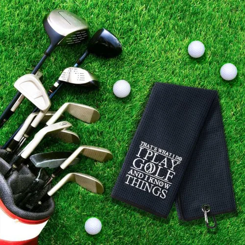 Miniatura 4 de DYJYBMY Toalla de golf con clip That's What I Do I Play, toalla deportiva bordada para golfista, divertidos accesorios de golf para hombres, Día