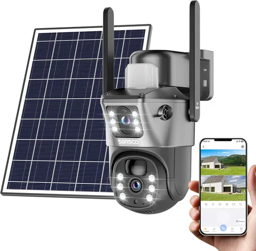 SANSCO Cámara de seguridad solar de doble lente 2K inalámbrica para exteriores, no necesita cables, WiFi 2.4G y 5G, cámara de seguridad para el Gris