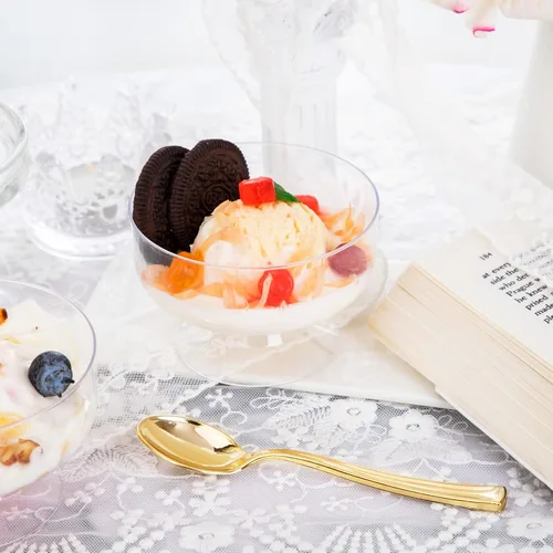 Miniatura 4 de WDF Vasos de postre transparentes desechables de 7 oz - Paquete de 96 vasos de postre con mini cucharas doradas de plástico, vasos de plástico