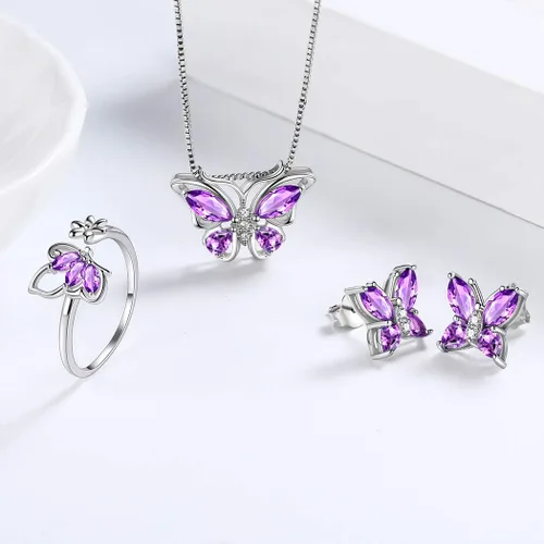 Miniatura 2 de Aurora Tears Butterfly Jewelry,Women 925 Sterling Silver Butterflies Birthstone Pendant NecklaceEarringsRings Wedding Gift