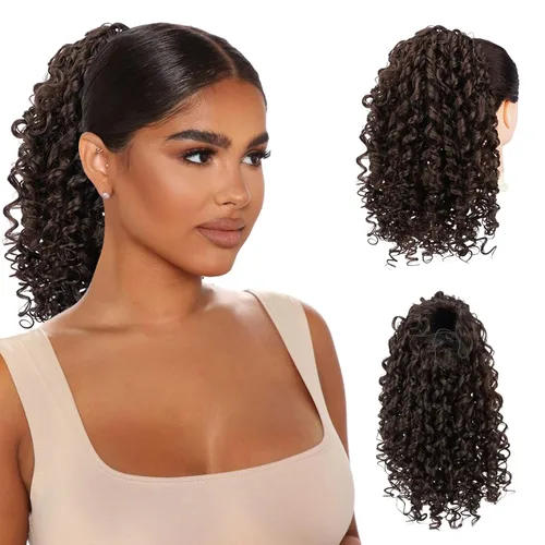 Miniatura 17 de PEACOCO Extensión de cola de caballo rizada con cordón para mujeres negras - Cola de caballo de 6 pulgadas con clip, postizo sintético de afro corto