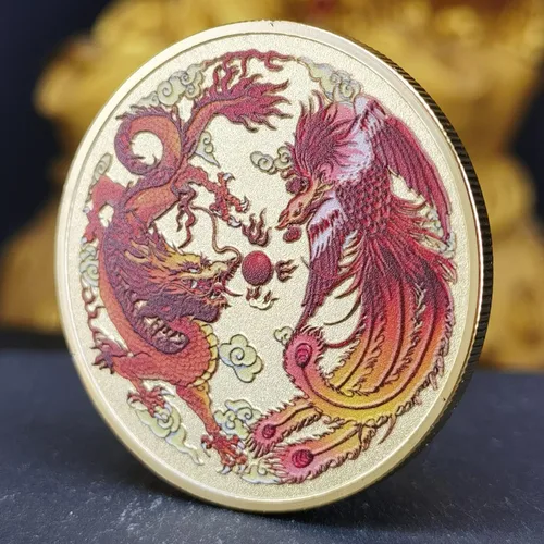 Miniatura 3 de Colorido dragón chino y fénix moneda de la suerte - Rascador de boletos de lotería - Atrae buena fortuna - Moneda de desafío de buena suerte