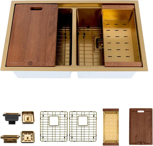 Miniatura 10 de Strictly Sinks - Fregadero de cocina dorado de 32 pulgadas, resistente a arañazos y manchas, rejilla inferior de doble tazón de calibre 16, tabla