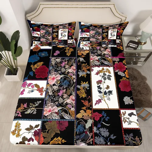 Miniatura 24 de Sábanas de cama góticas de damasco para adultos, sábana bajera ajustable victoriana antigua, sábanas góticas florales vintage, juego de ropa de cama