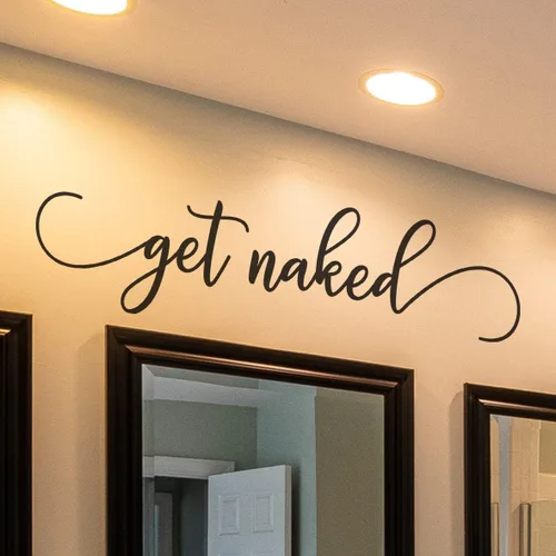 Calcomanía de pared divertida para baño con texto en inglés «Get Naked», para decoración del hogar, baño, cita familiar, arte de pared, texto en