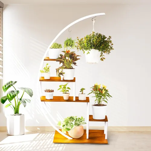 Miniatura 10 de IDZO - Estantería de metal en forma de media luna para plantas, estantes múltiples para interiores, marrón oscuro, ideal para la decoración