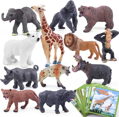 SIENON 12 figuras de animales salvajes con tarjetas, figuras realistas de plástico de zoológico de selva con elefante, león, jirafa, oso, gorila