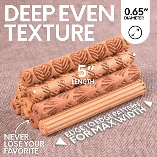 Miniatura 3 de Byllstore Rodillos de textura de arcilla Paquete de 10 5 pulgadas x 0.65 pulgadas Herramientas de cerámica de madera prémium