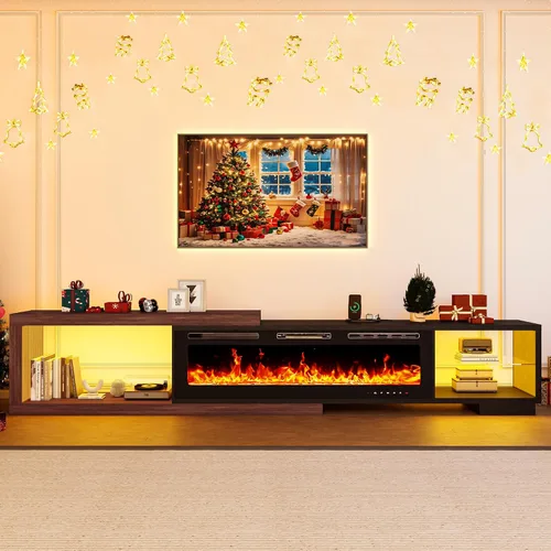 Miniatura 3 de Soporte de TV extensible con chimenea eléctrica de 71 a 116 pulgadas, moderno centro de entretenimiento con luces LED y toma de corriente para TV