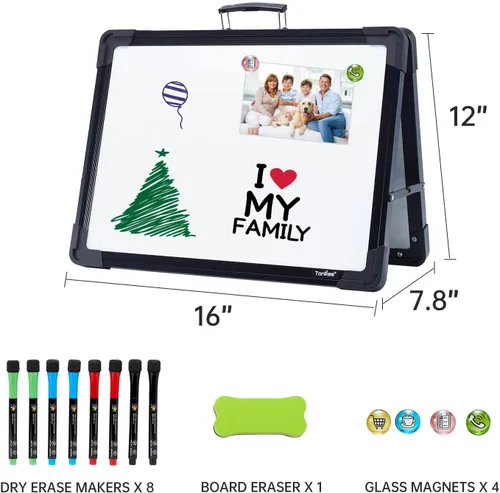 Miniatura 6 de Pizarra blanca pequeña de borrado en seco – TANKEE - Pizarra blanca plegable magnética portátil de doble cara en la parte superior de la mesa