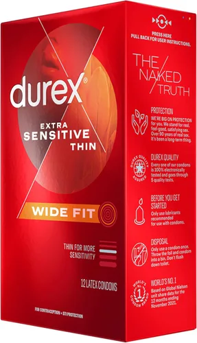 Miniatura 12 de Durex Preservativos de látex extra sensibles lubricados ultra finos de alta calidad, ajuste ancho, 12