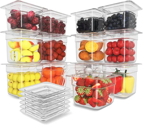 Paquete de 12 bandejas de plástico para alimentos con tapa, tamaño 1/6 de 6 pulgadas de profundidad, recipientes transparentes de almacenamiento de