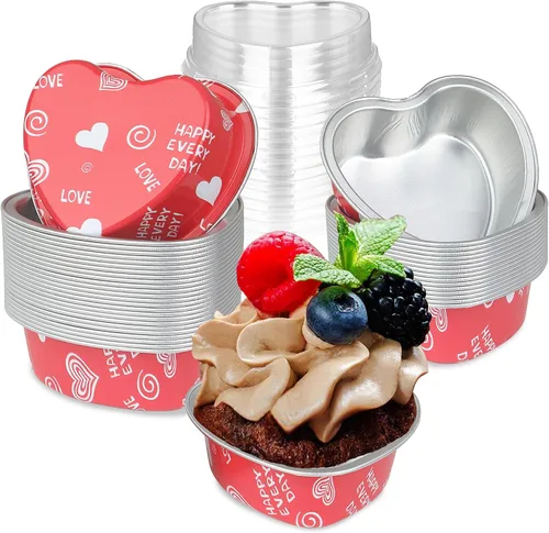 Miniatura 6 de Moldes para pasteles en forma de corazón de 3.5 pulgadas, molde de papel de aluminio con tapas, 25 piezas desechables de corazón pequeño