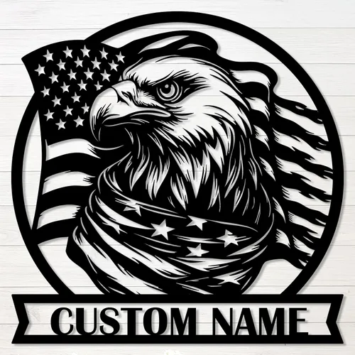 Miniatura 11 de Letrero de metal personalizado de águila y bandera estadounidense, arte de pared patriótico con nombre personalizado, decoración de hierro