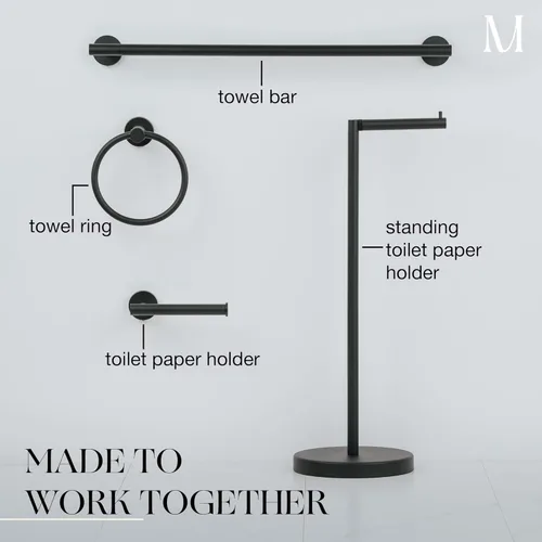 Miniatura 9 de Marmolux Acc Juego de 2 piezas de accesorios de baño negro mate - Toallero de mano para pared de baño + soporte de papel higiénico negro