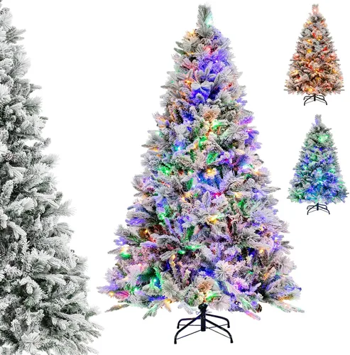 Miniatura 12 de DORTALA Árbol de Navidad flocado preiluminado de 6 pies, árbol de Navidad artificial con bisagras con 500 luces LED blancas frías, control remoto, 3