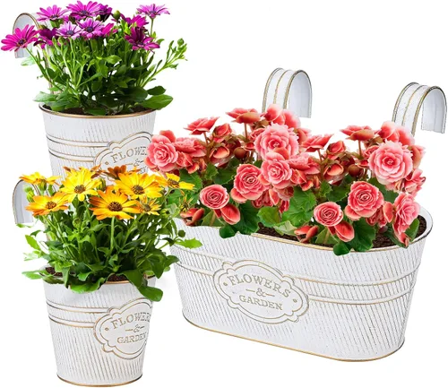Miniatura 13 de PerGar Paquete de 3 macetas de metal para exteriores, macetas colgantes de 10.6 pulgadas con ganchos desmontables y agujeros de drenaje, jardineras
