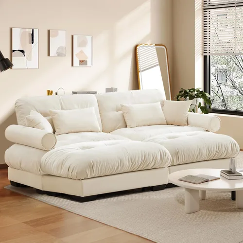 Miniatura 96 de Reposapiés Otomano Tapizado de Terciopelo con Cojín para Sofá Seccional Sofá 300 libras para Sala de Estar (Beige)
