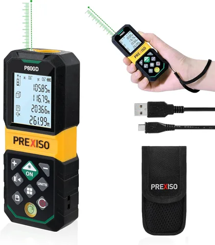 PREXISO Medidor Láser Recargable, Herramienta de Medición Láser de Haz Verde de 265 Pies con Sensor de Ángulo y Almacenamiento de 30 Conjuntos de