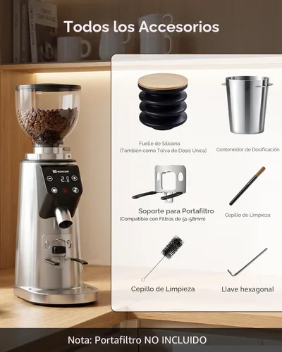 Miniatura 7 de MOKKOM Molinillo de café profesional de rebabas planas de 64mm con 100 ajustes de molienda, cuerpo de acero inoxidable totalmente metálico