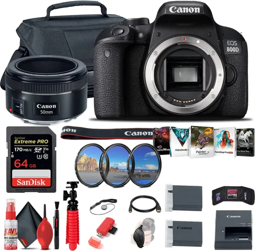 Canon Cámara DSLR EOS Rebel 800D/T7i (solo cuerpo) + lente Canon EF de 1.969 in + tarjeta de memoria de 64 GB + funda + software Corel Photo +