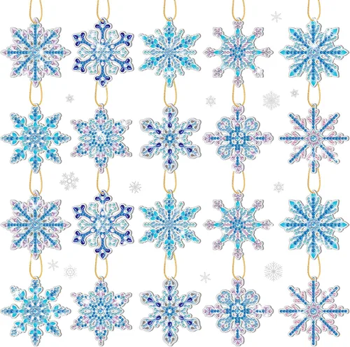 Jetec 20 piezas de adornos de pintura de diamantes de copos de nieve de Navidad de invierno 5D, etiquetas de pintura de diamantes para bricolaje,