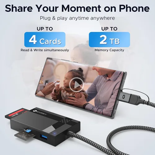 Miniatura 3 de Lector de Tarjetas SD 7 en 1, WARRKY [Conector Dual USB3.0/USB C, Cable de Nylon de 2.5 Pies] Hub Adaptador de Tarjeta de Memoria de Cámara
